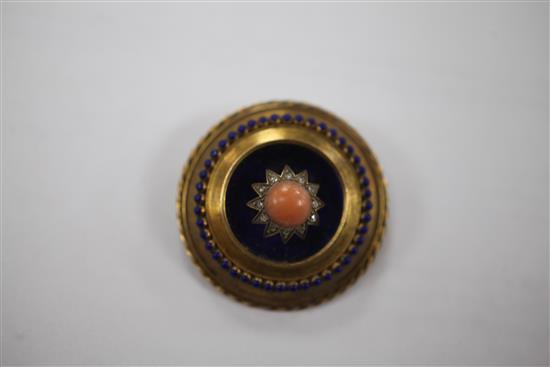 A Victorian gold, blue enamel, coral bead and rose cut diamond set target brooch, 1.5in.